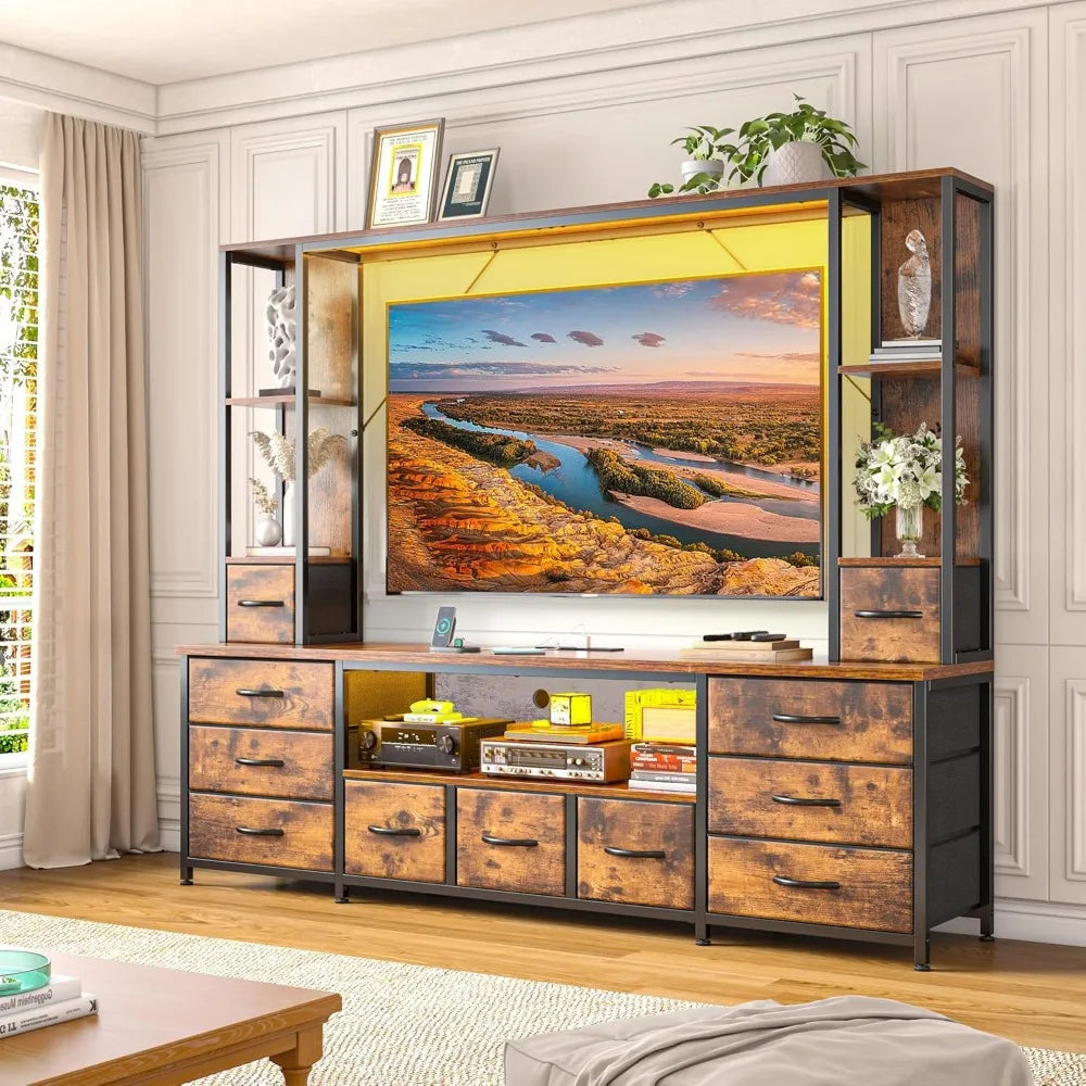 65" TV Stands for Living Room, Large Wall Unit Entertainment Center with 11 Fabric Drawer,Dresser TV Stand with 2 LED Lights &
