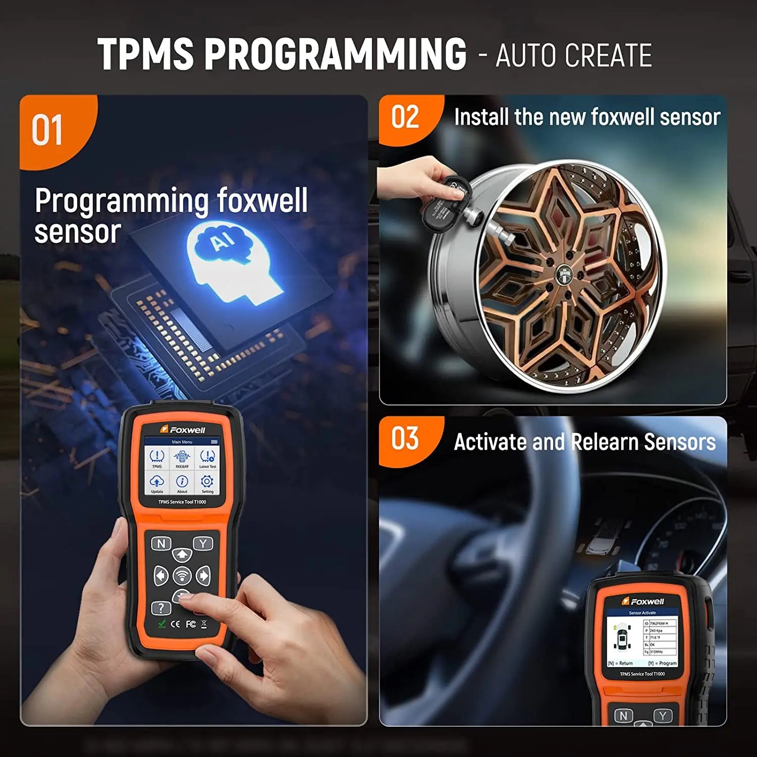 FOXWELL T1000 TPMS Relearn Activation Tire Pressure Monitoring Sensor Programming Car TPMS Reset Diagnostic Scan Tool