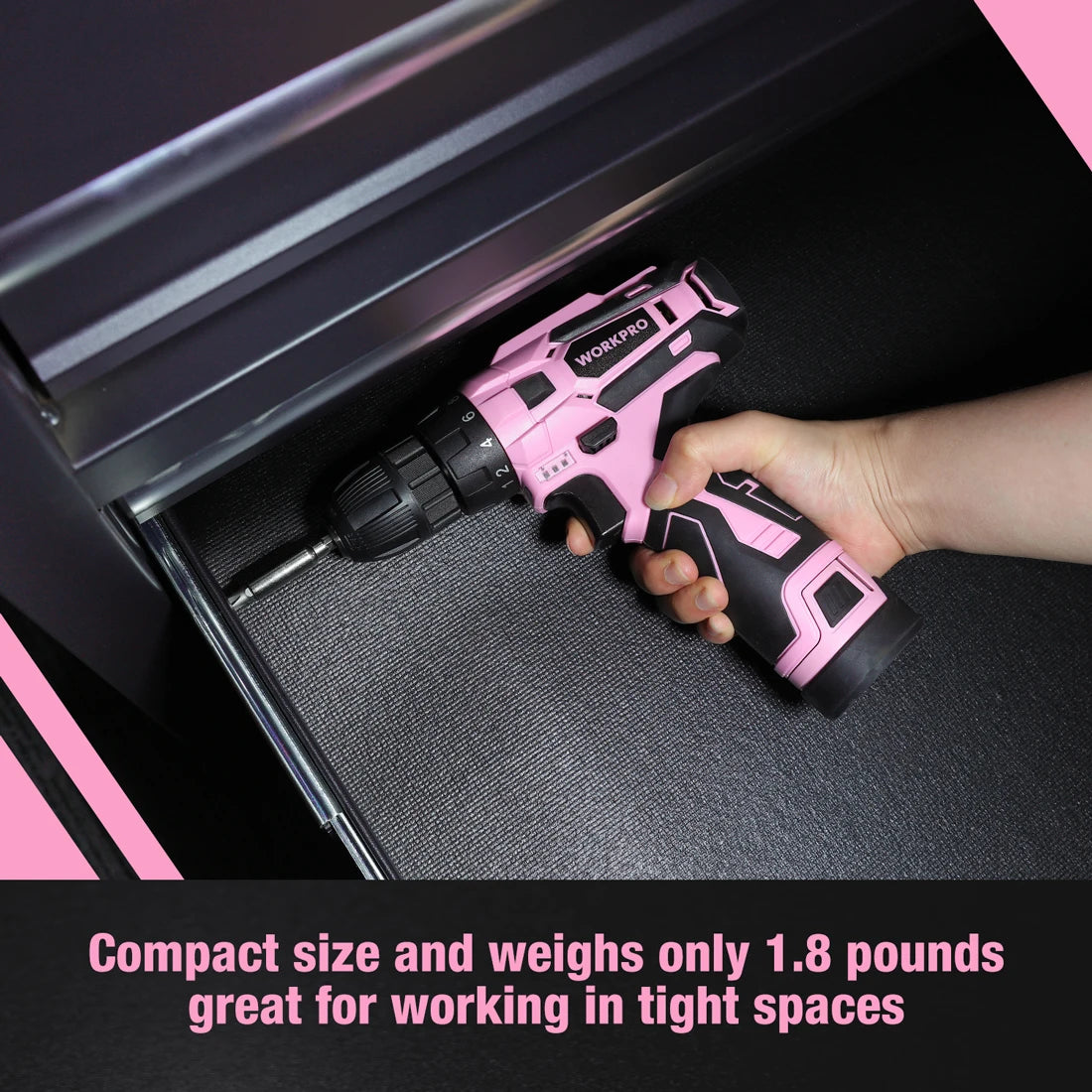 WORKPRO Pink Cordless Drill Driver Set, 12V Electric Screwdriver Driver Tool Kit, 3/8" Keyless Chuck