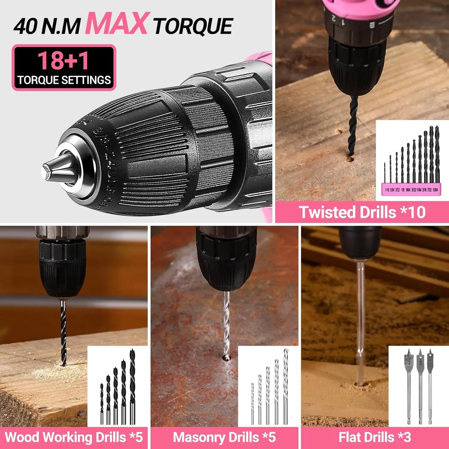 DEKO Pink Drill Tool Kit Set: 20V Cordless Power Drill Tool Box with Battery Electric Drill Driver