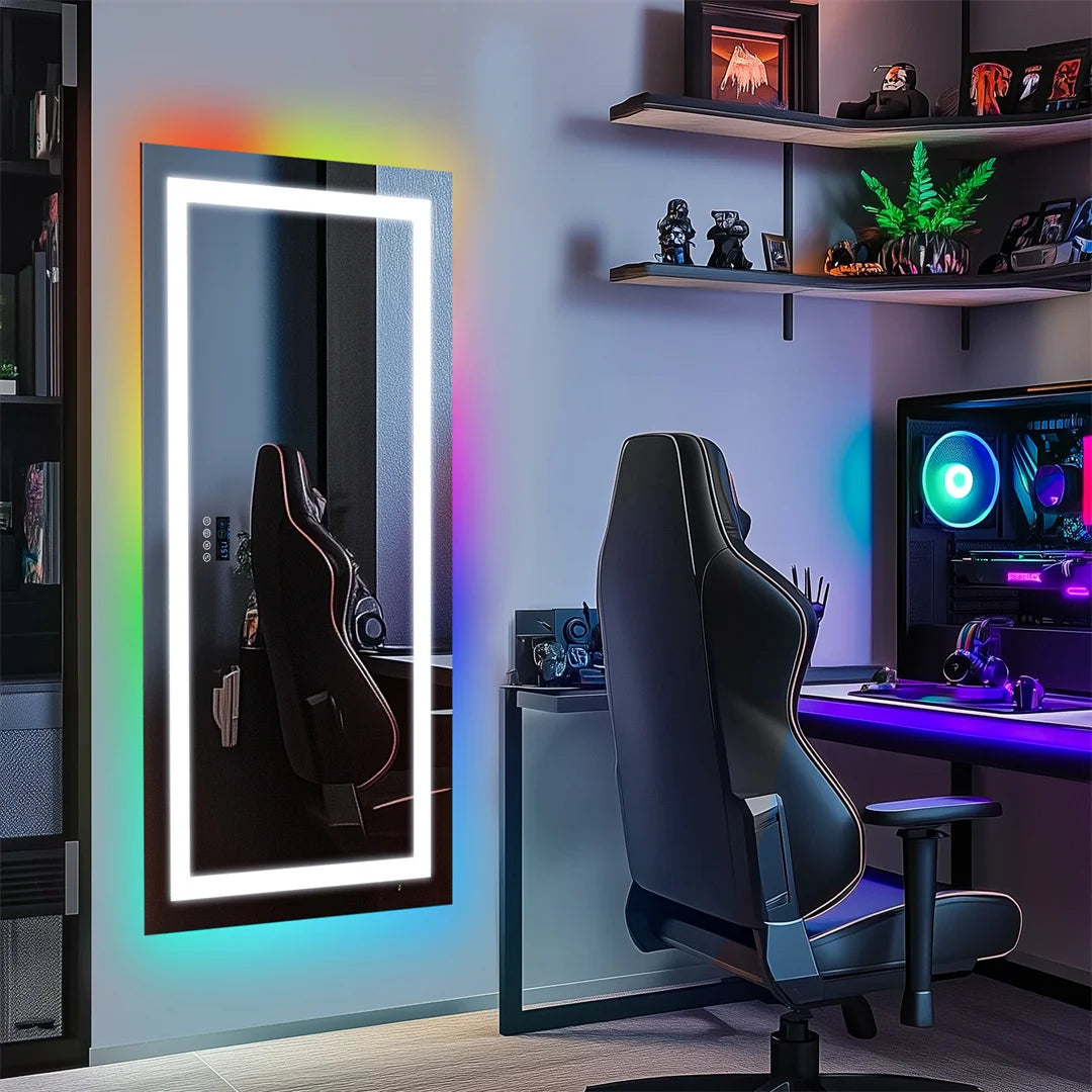 LUVODI Large Rectangular RGB Backlight Bathroom Mirror with Stereophonic Bluetooth Speaker Wall Mounted Vanity Dressing Mirror