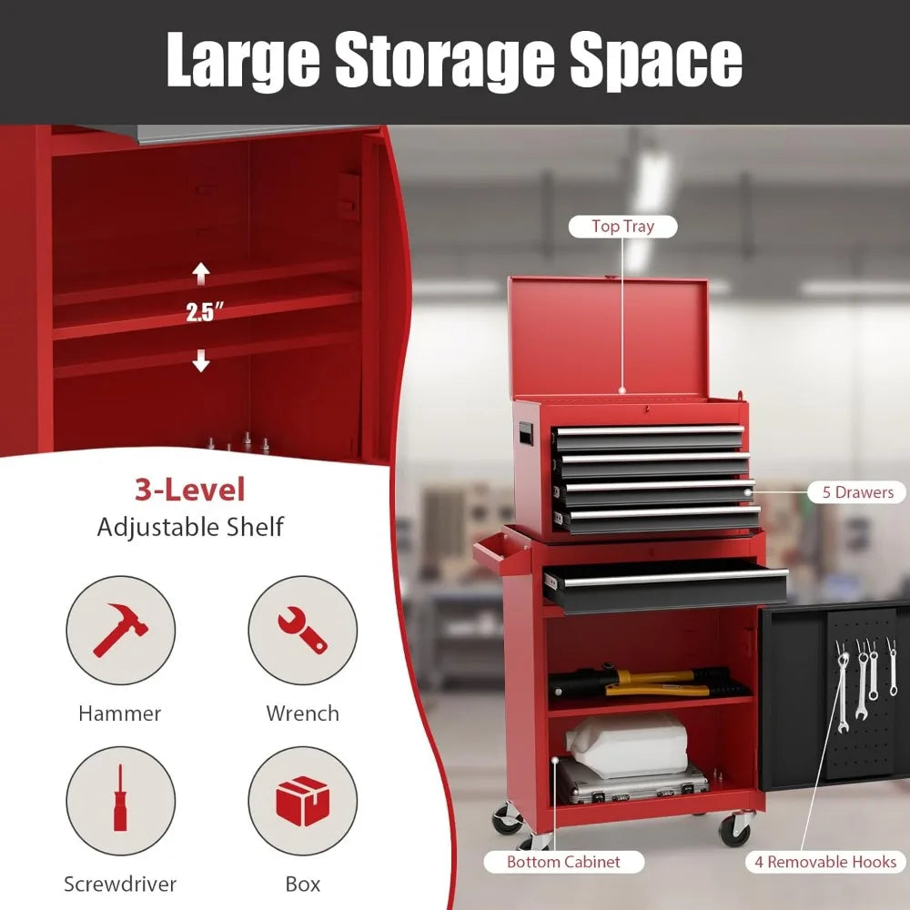 Rolling Tool Chest, 5-Drawer Tool Storage Cabinet with Wheels, Adjustable Shelf & Anti-Slip Liner, Tool Box Organizer for Garage