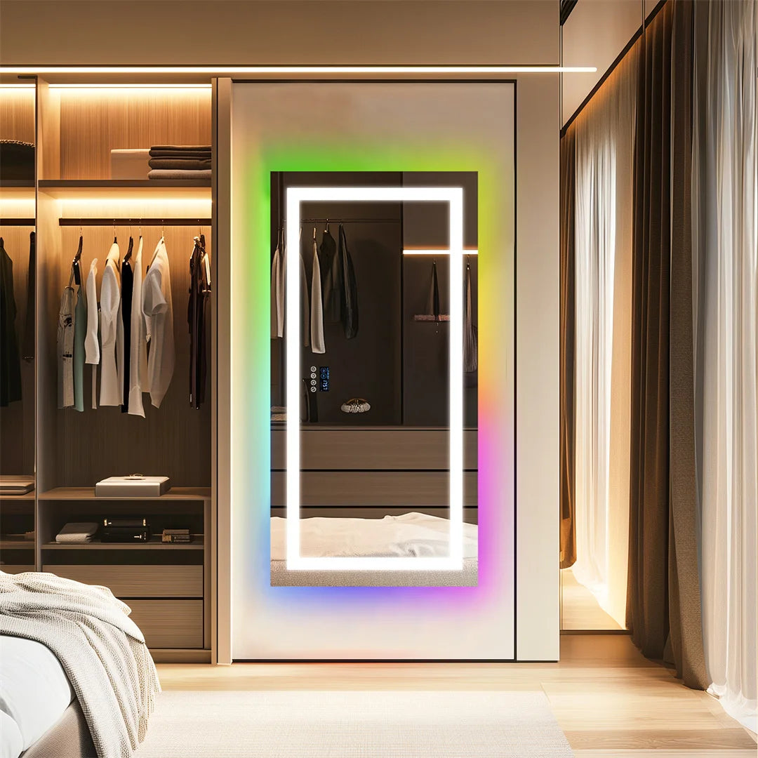 LUVODI Large Rectangular RGB Backlight Bathroom Mirror with Stereophonic Bluetooth Speaker Wall Mounted Vanity Dressing Mirror