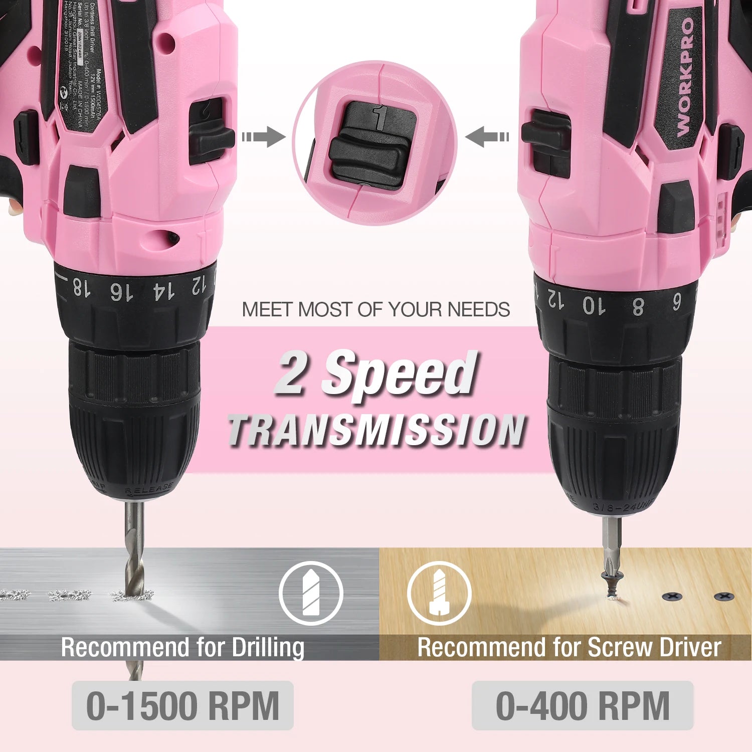 WORKPRO 12V Pink Cordless Electriced Drill Driver Tool Set With 61PCS Home Tool Kit for Home Repair