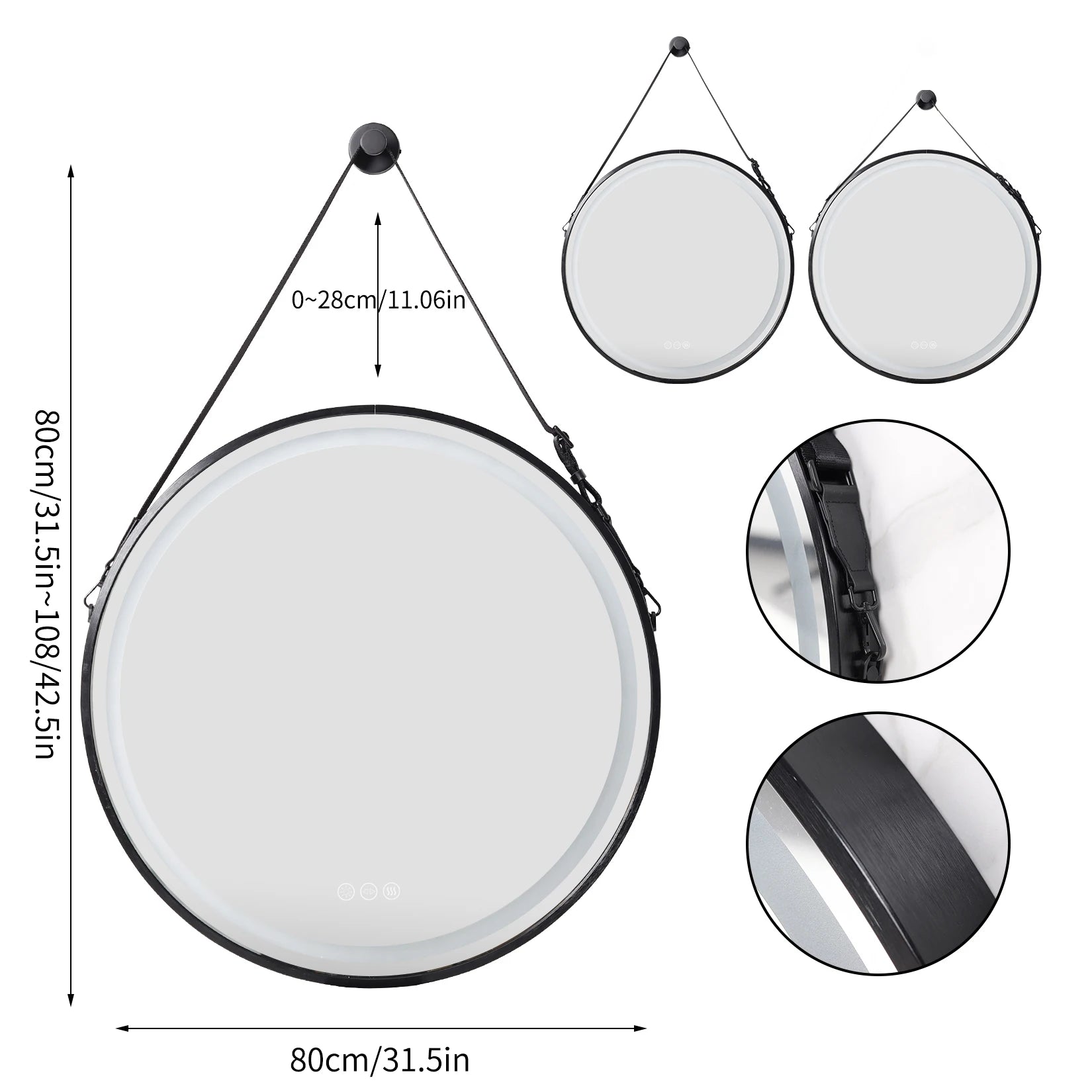 Wisfor Frame Round Mirror,Round Bathroom Mirror with Light,Wall Mounted Lighted Vanity Mirror, Anti-Fog & Dimmable Touch Switch