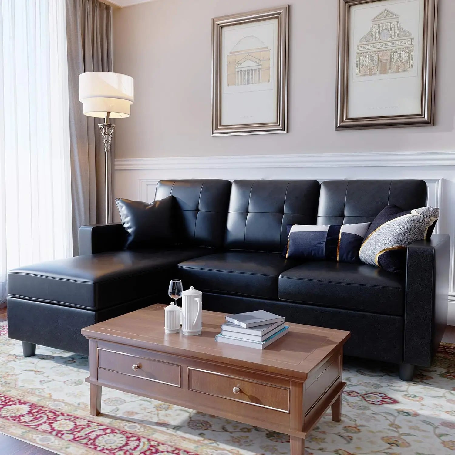 Faux Leather Sectional Sofa, Convertible Sectional Couch L Shaped Couch Sofa for Small Space