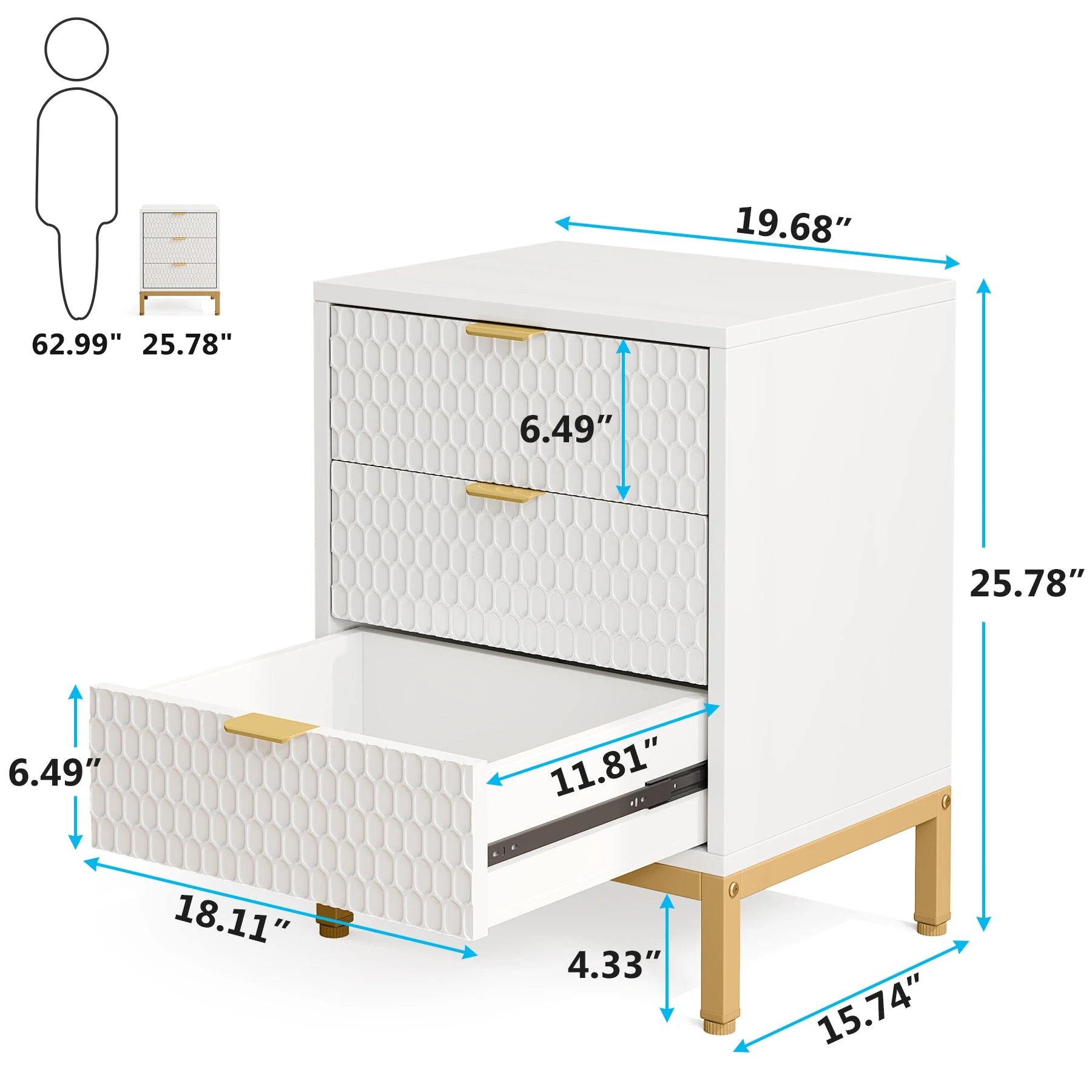 Tribesigns Modern Nightstand, 65.5 cm Tall Bedside Table with 3 Drawers, Contemporary End Side Table with Storage