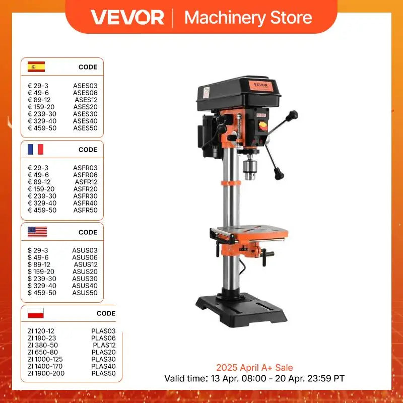 VEVOR 12in Benchtop Drill Press 5Amp 120V Variable Speed Cast Iron 0-45° Tiltling Worktable with Laser Work Light for Wood Metal